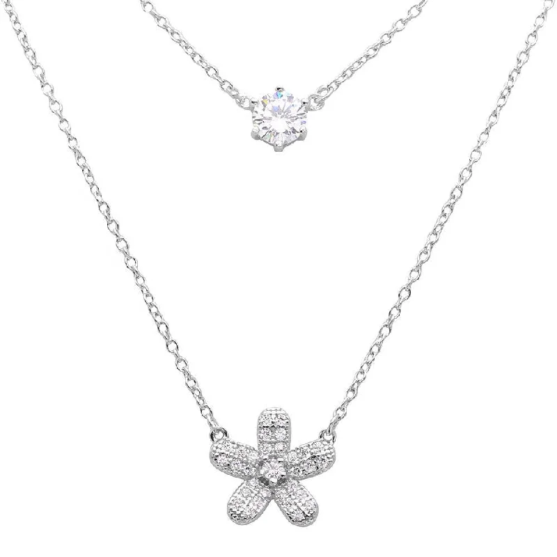 Silver 925 Rhodium Plated Double Chain CZ and Hibiscus Flower Necklace - BGP01119