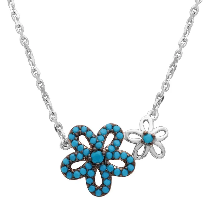 Silver 925 Rhodium Plated Double Flower Necklace with Turquoise Stones - GMN00017BLK-T