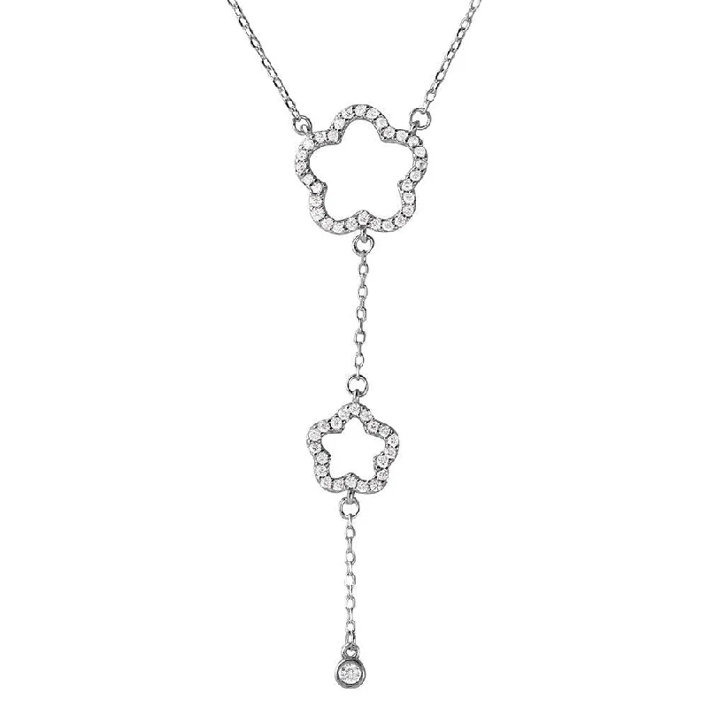 Silver 925 Rhodium Plated Double Open CZ Clover Drop Necklace - BGP01104