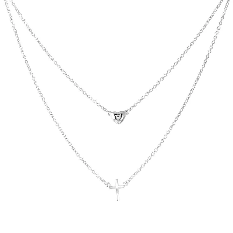 Rhodium Plated 925 Sterling Silver Double Strand Heart and Cross Necklace - BGP01198