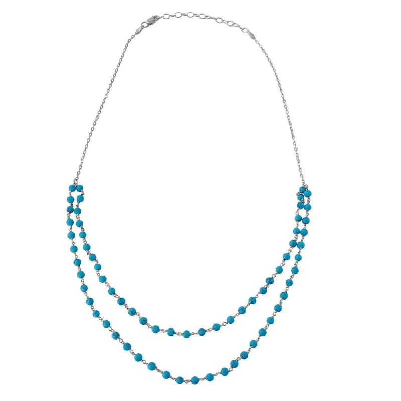 Rhodium Plated 925 Sterling Silver Double Strand Turquoise Bead Necklace - DIN00070RH