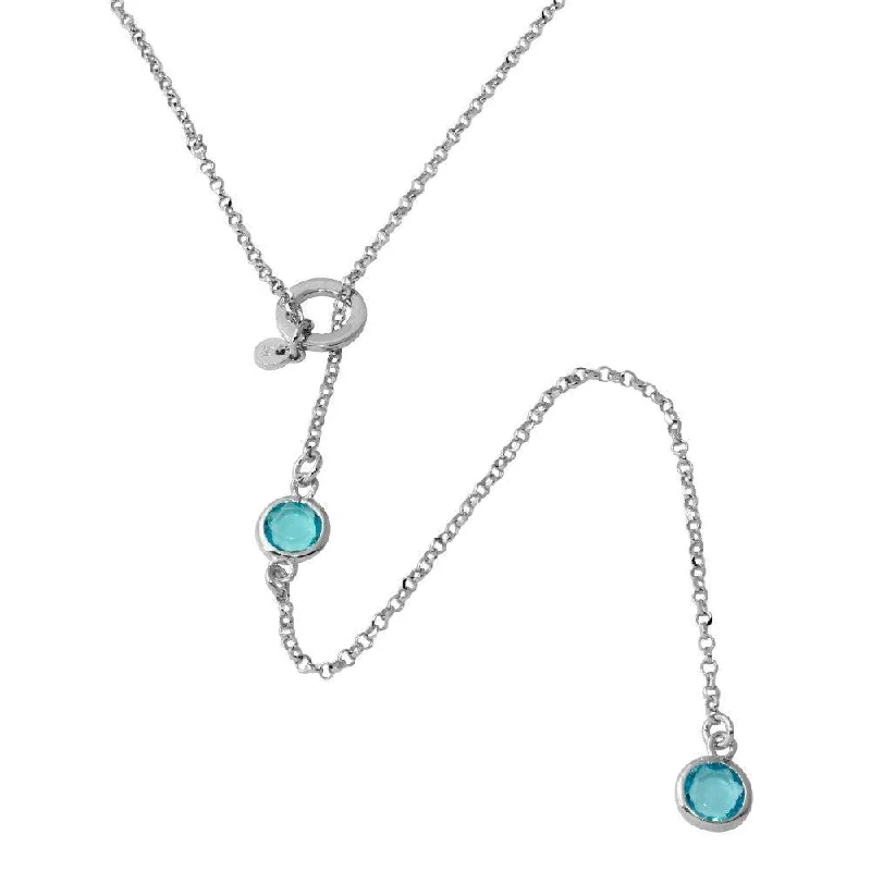 Rhodium Plated 925 Sterling Silver Dropped Light Blue Round CZ Necklace with Adjustable Ring - ARN00031RHA