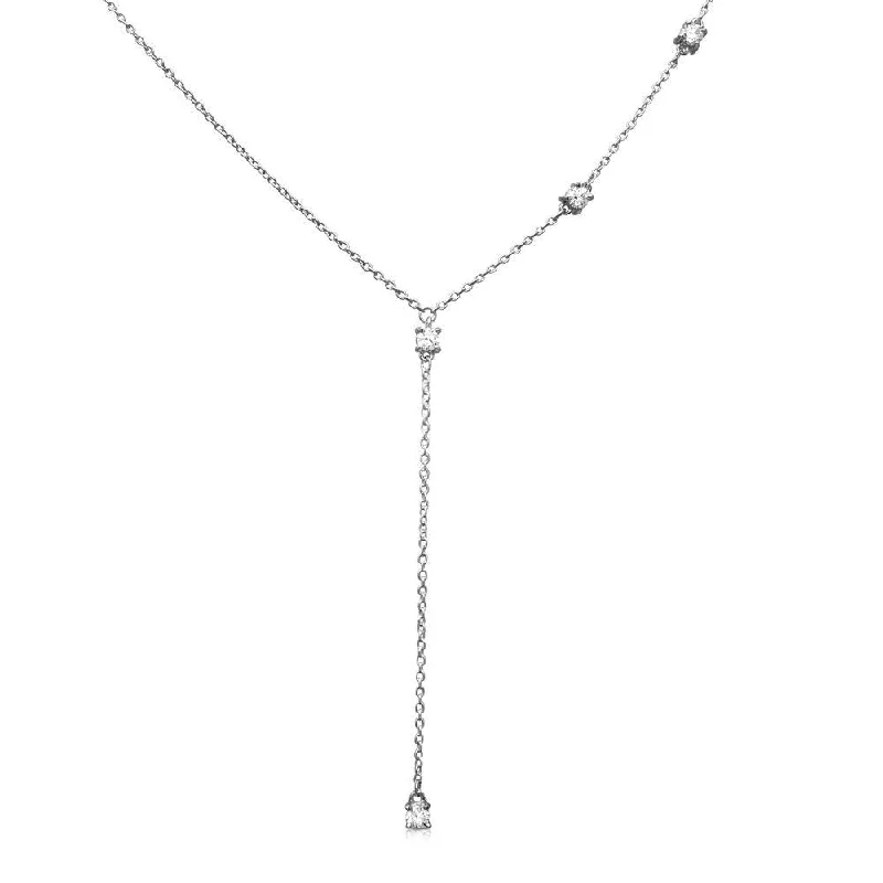 Rhodium Plated 925 Sterling Silver Dropped Round CZ Necklace - BGP01164