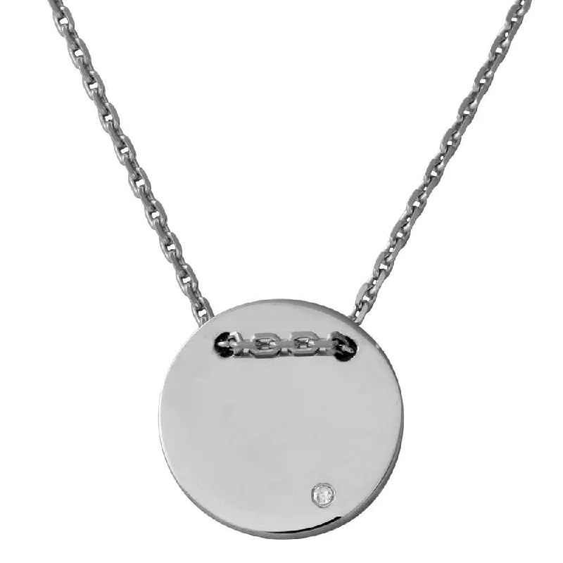 Rhodium Plated 925 Sterling Silver Engravable Circle Necklace with CZ - DIN00080RH