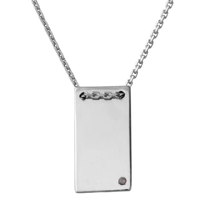 Rhodium Plated 925 Sterling Silver Engravable Rectangular Shaped Necklace with Diamond - DIN00075RH