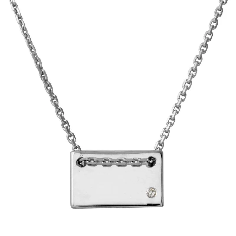 Rhodium Plated 925 Sterling Silver Engravable Small Rectangle Shaped Necklace with CZ - DIN00077RH