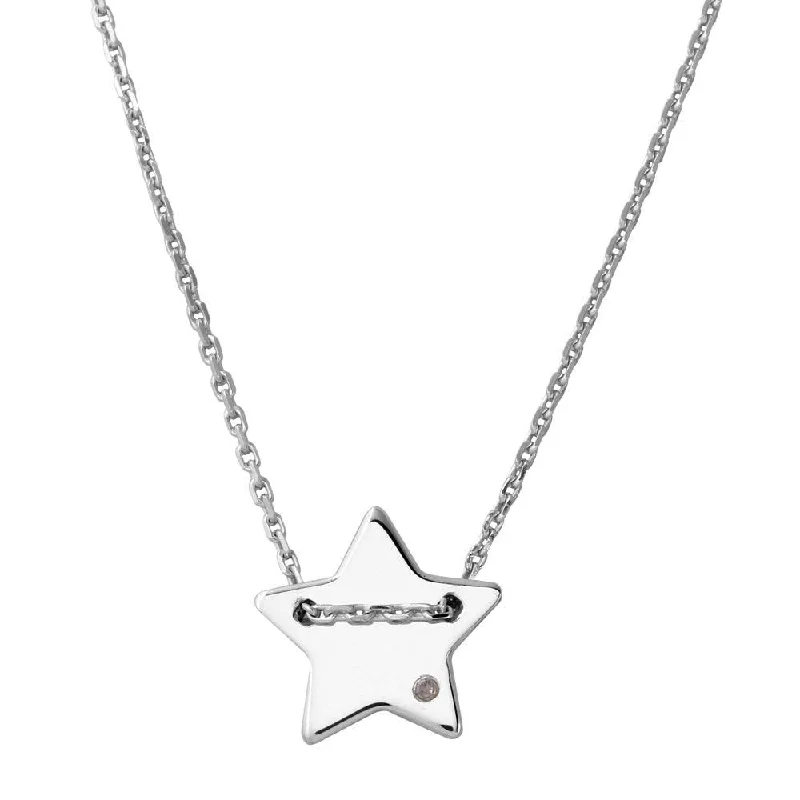 Rhodium Plated 925 Sterling Silver Engravable Star Shaped Necklace with CZ - DIN00079RH