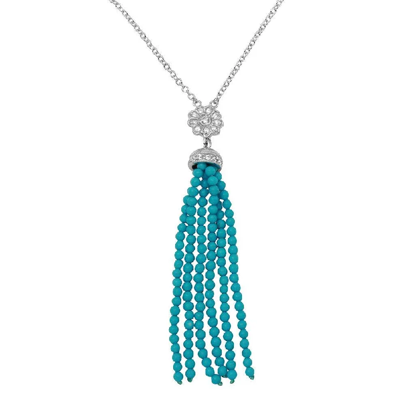 Rhodium Plated 925 Sterling Silver Flower Centered Turquoise Beads Strands Necklace - BGP01147