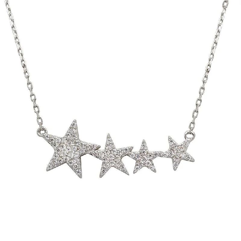 Rhodium Plated 925 Sterling Silver Graduated CZ Star Necklace - STP01536