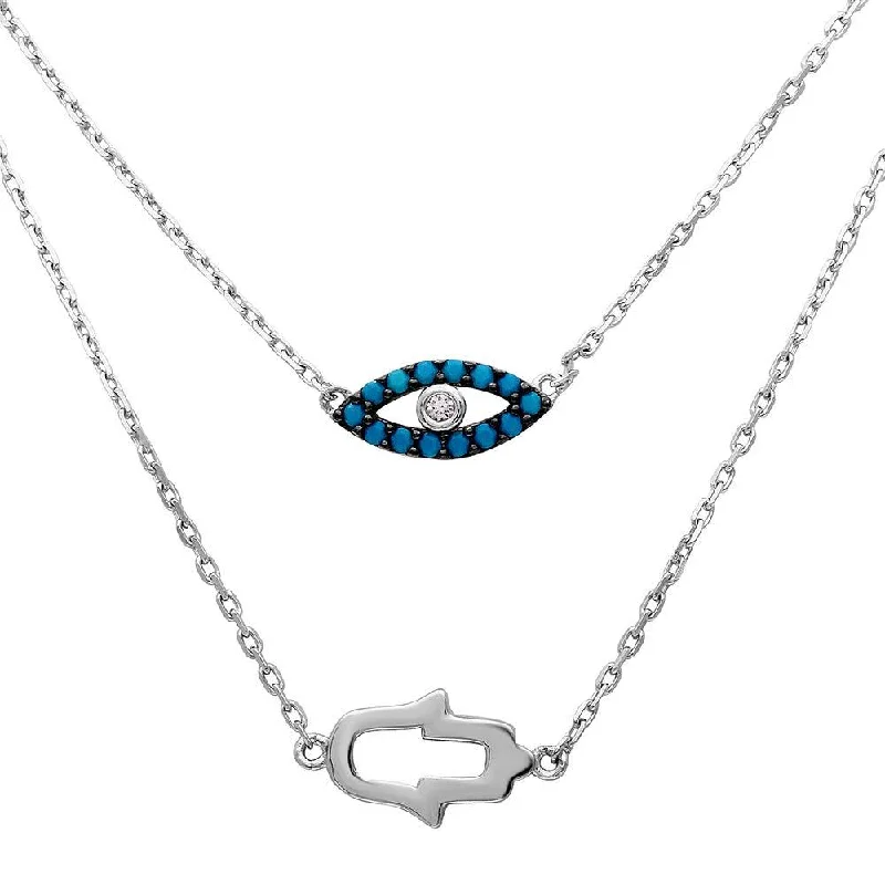 Silver 925 Rhodium Plated Hamsa Hand and Evil Eye Necklace - GMN00015RH