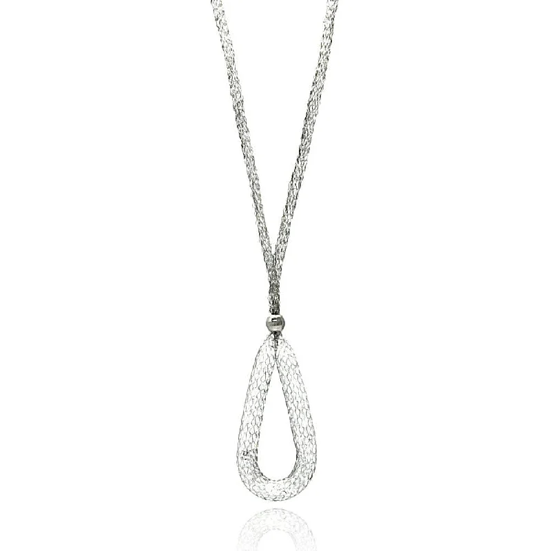 Rhodium Plated 925 Sterling Silver Mesh Necklace and Dropped Mesh Teardrop with Filled CZ - ITN00077RH