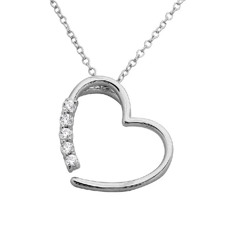 Rhodium Plated 925 Sterling Silver Open CZ Heart Necklace - BGP01128