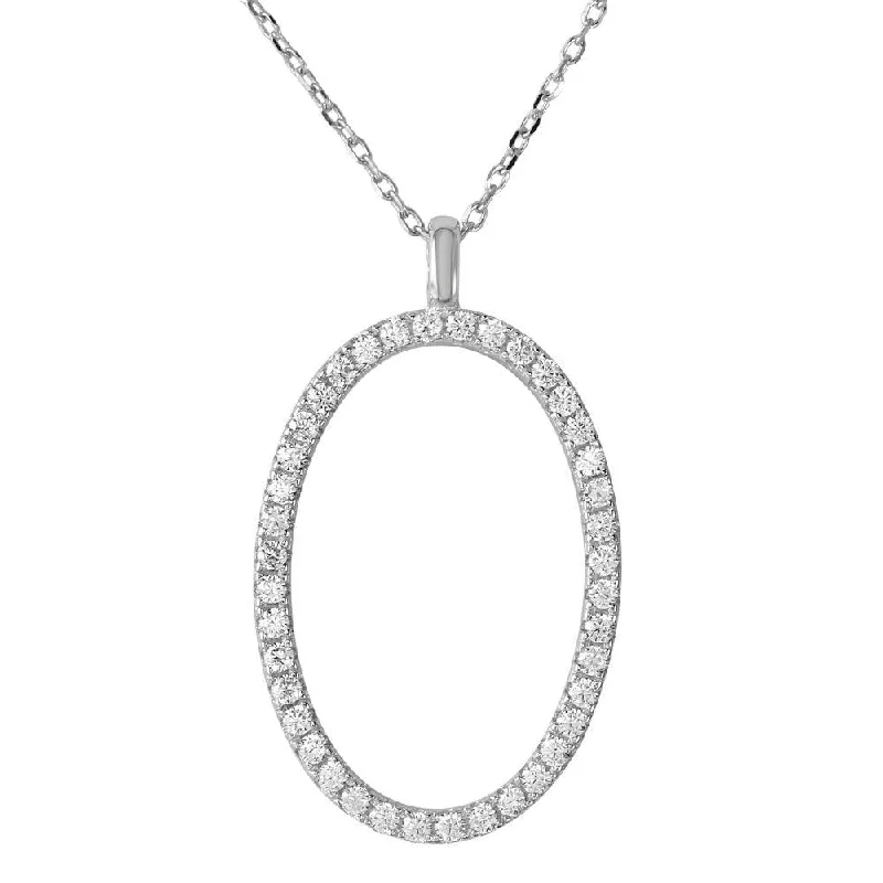 Rhodium Plated 925 Sterling Silver Open Oval with CZ Necklace - BGP01189