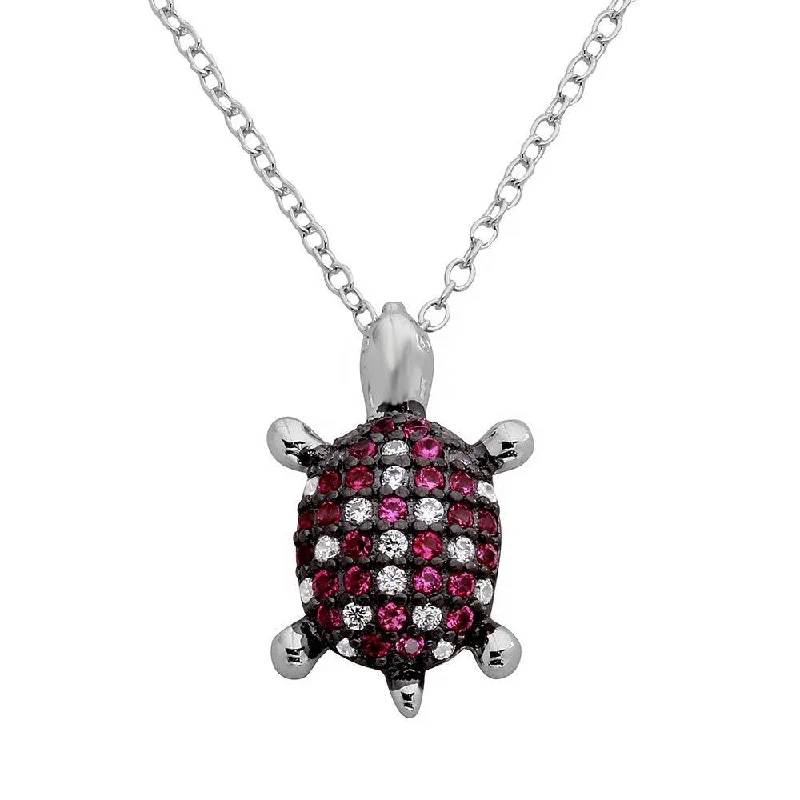 Rhodium Plated 925 Sterling Silver Pink and Clear CZ Turtle Necklace - BGP01126