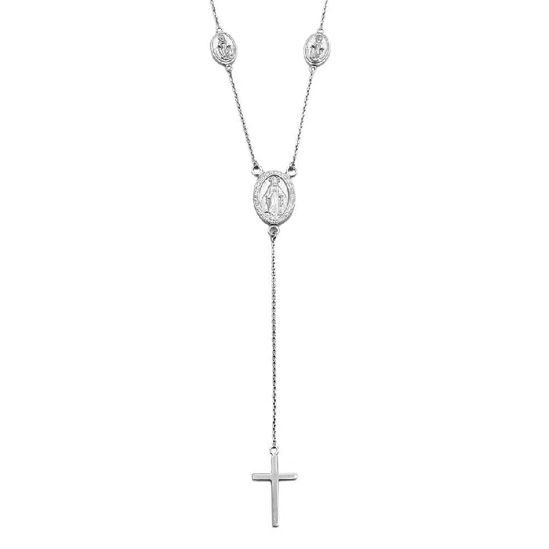 Rhodium Plated 925 Sterling Silver Religious Charms Necklace with Cross Drop - DIN00066RH