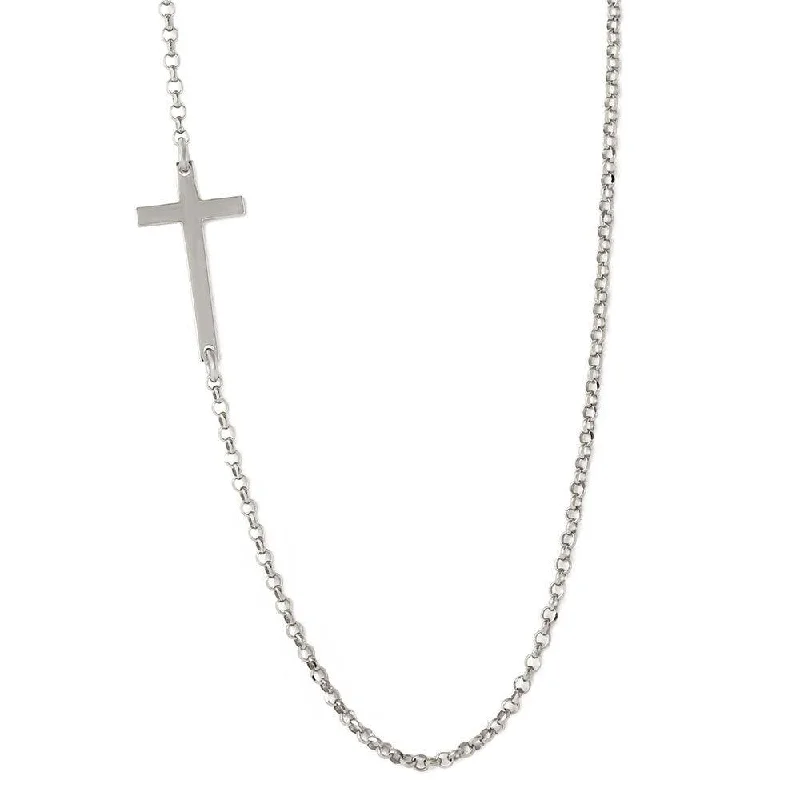 Silver 925 Rhodium Plated Rolo Necklace With Cross - ARN00016RH