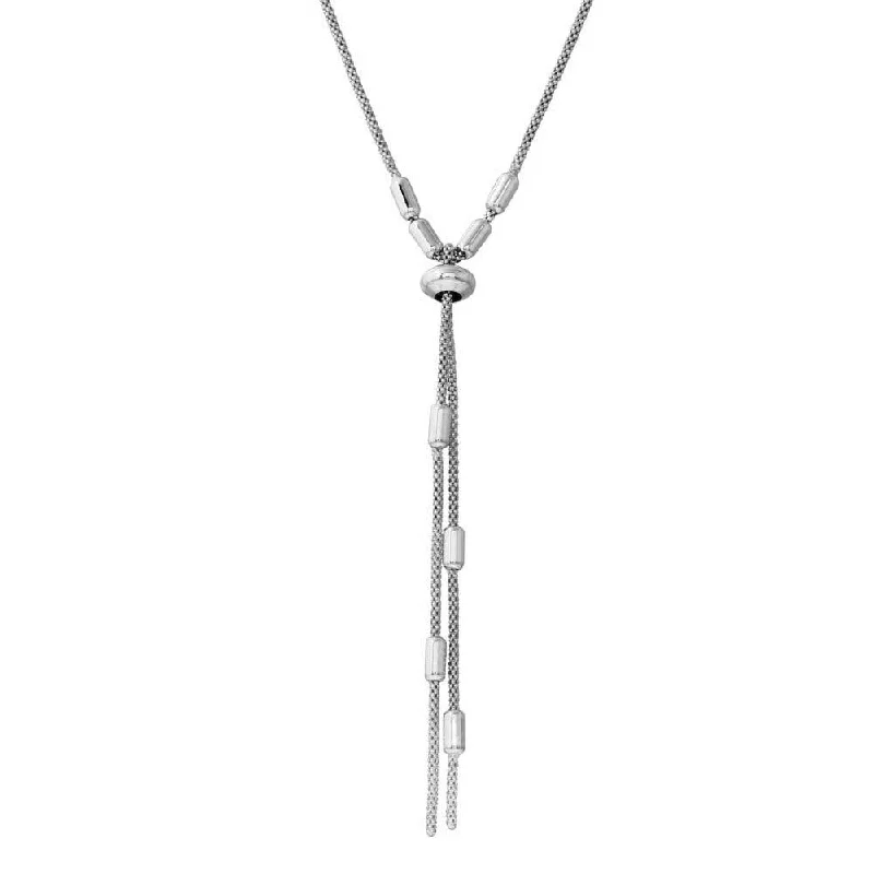 Rhodium Plated 925 Sterling Silver Round Bar Tassel Necklace with Adjustable Ring - ARN00034RH