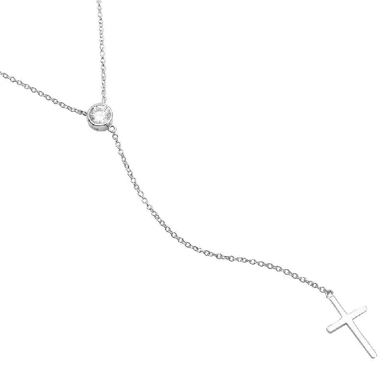 Silver 925 Rhodium Plated Single CZ Stone with Drop Cross Necklace - STP01519