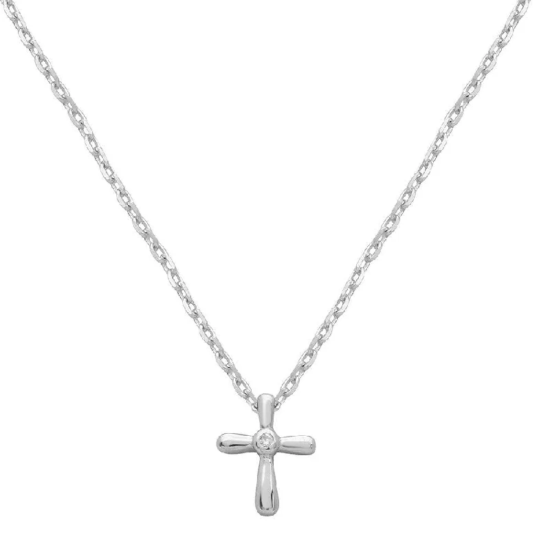 Rhodium Plated 925 Sterling Silver Small Cross with CZ Necklace - STP01544