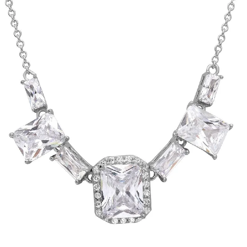 Silver 925 Rhodium Plated Square Halo Center 7 CZ Necklace - STP01521