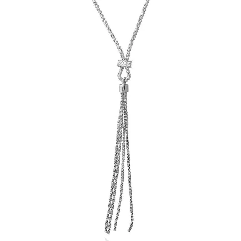 Rhodium Plated 925 Sterling Silver Tassel Drop Necklace with Connected CZ Ring Knot - ARN00033RH