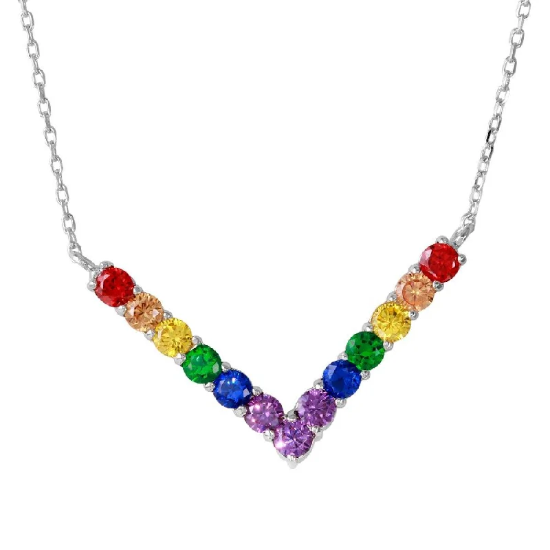 Rhodium Plated 925 Sterling Silver Thick V Shaped Rainbow Multi Color CZ Necklace - BGP01195