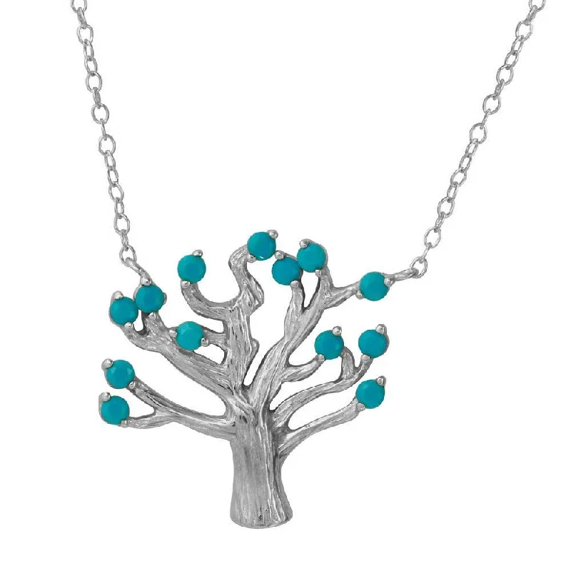 Rhodium Plated 925 Sterling Silver Tree Necklace with Turquoise Beads - STP01583RH