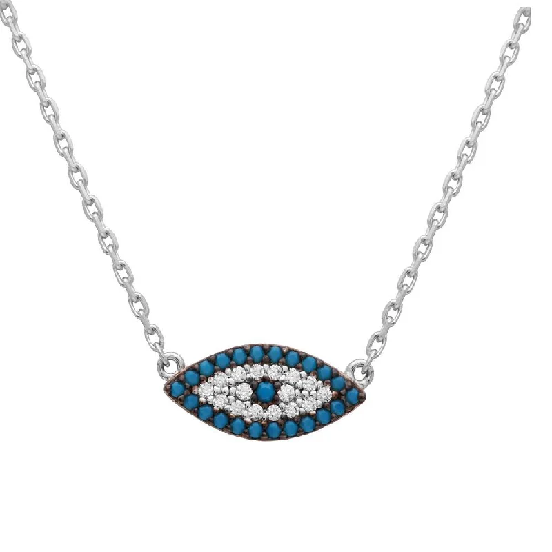 Silver 925 Rhodium Plated Turquoise and CZ Evil Eye Necklace - GMN00014RH-T