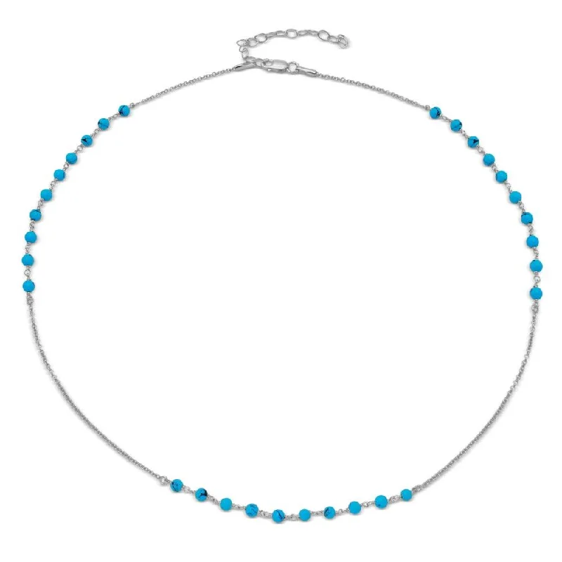 Rhodium Plated 925 Sterling Silver Turquoise Bead Necklace - DIN00072RH