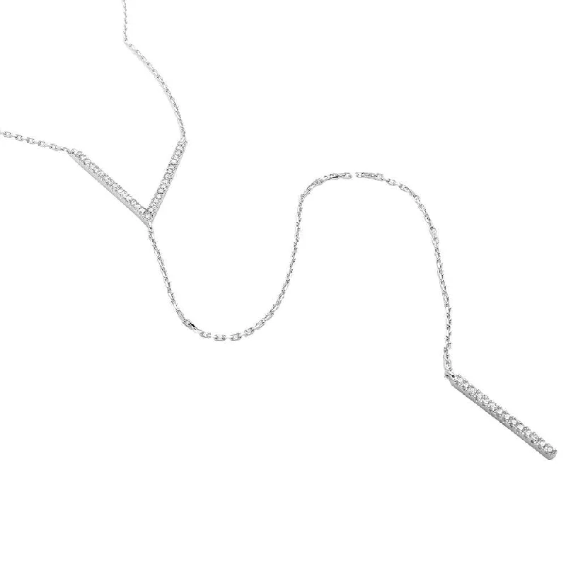 Silver 925 Rhodium Plated V CZ Necklace with Drop CZ Bar - GMN00006RH