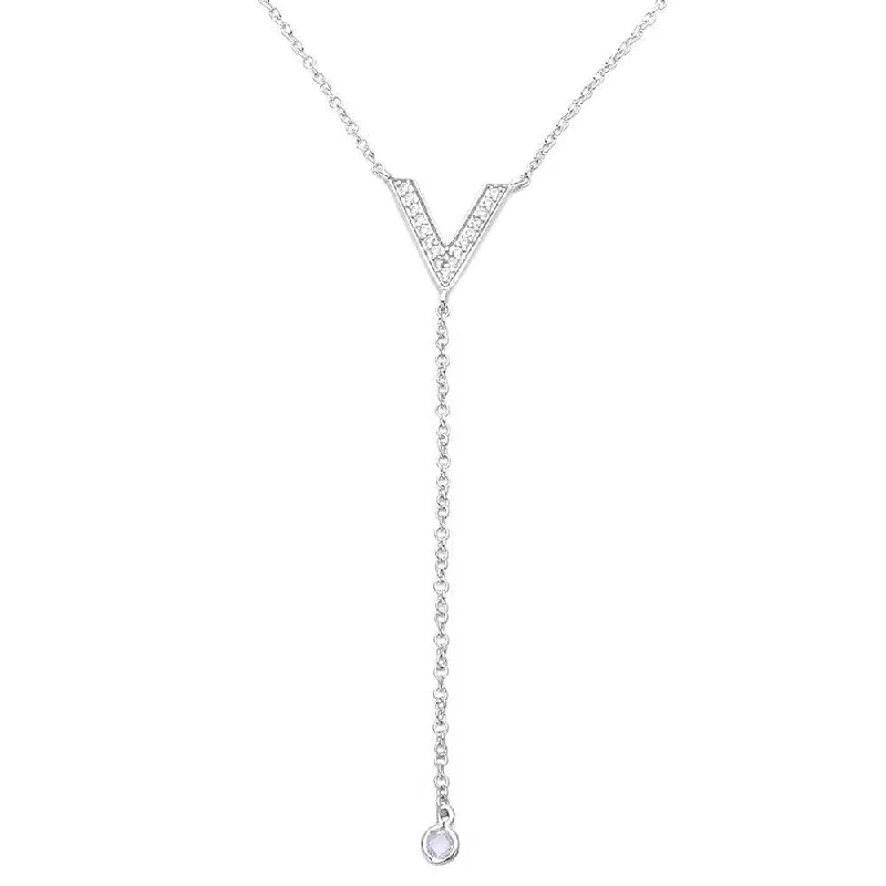 Silver 925 Rhodium Plated V Shape CZ Drop Necklace - BGP01131