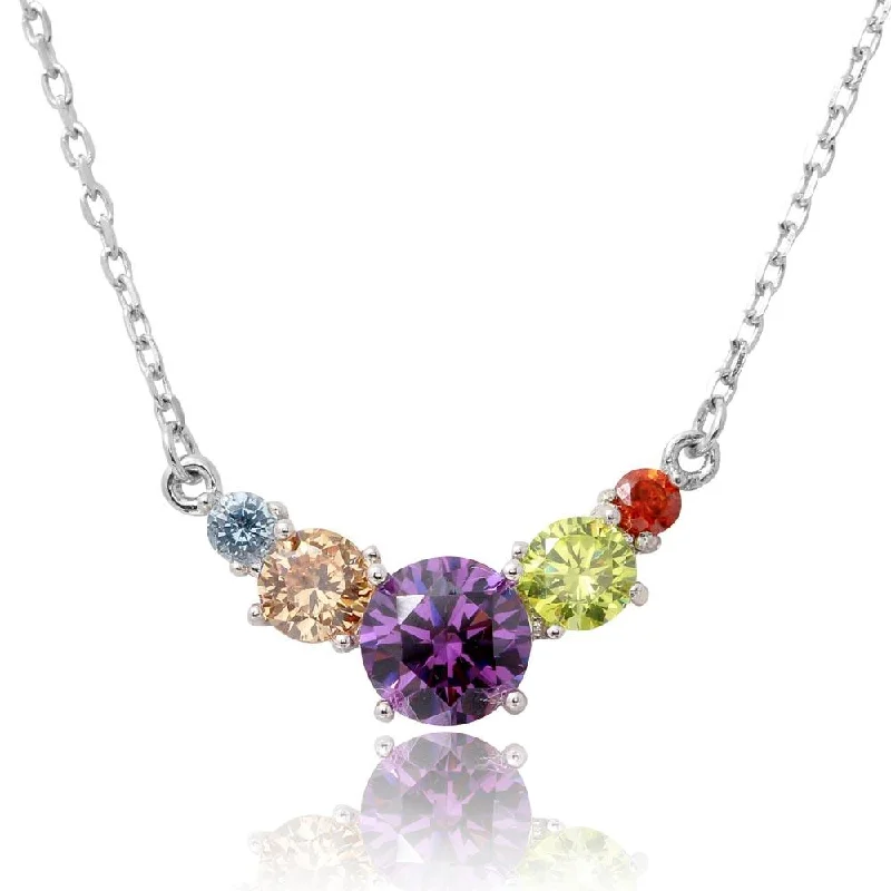 Rhodium Plated 925 Sterling Silver V Shaped Multi-Color Round CZ Necklace - BGP01184