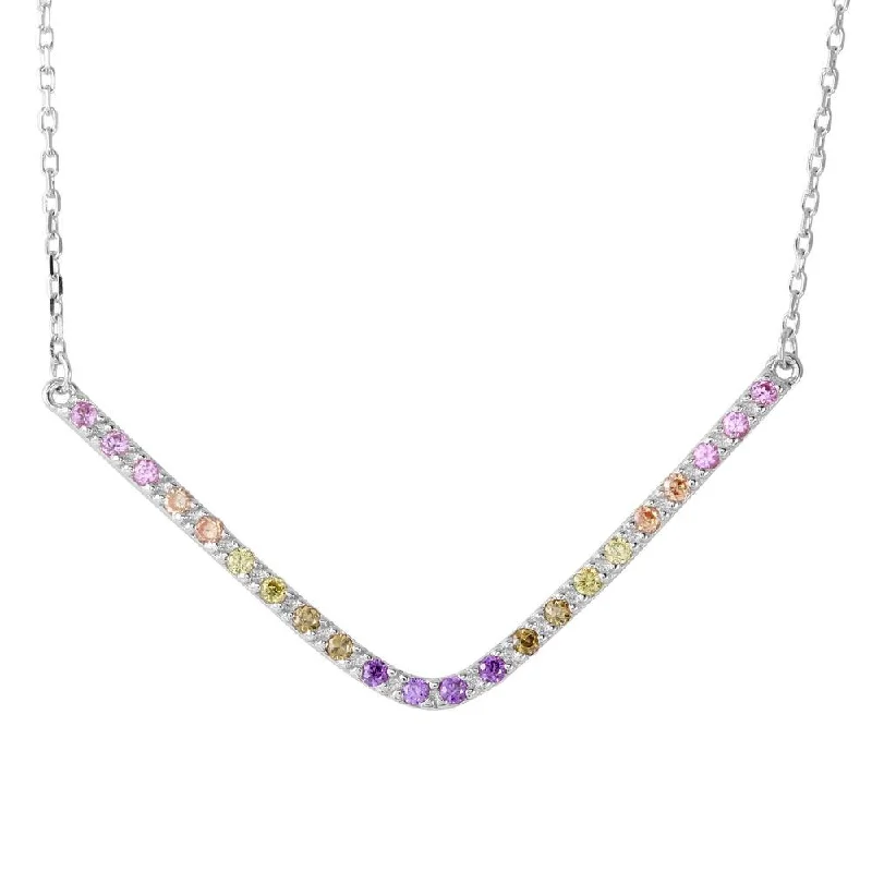 Rhodium Plated 925 Sterling Silver V Shaped Rainbow Multi Color CZ Necklace - BGP01194