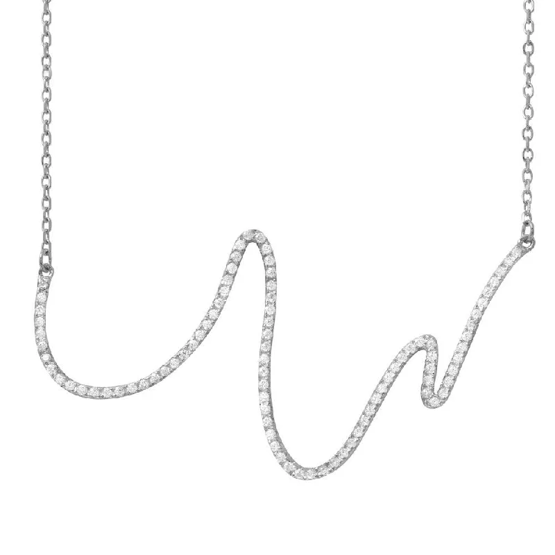 Rhodium Plated 925 Sterling Silver Wave Design with CZ Necklace - BGP01161RHD