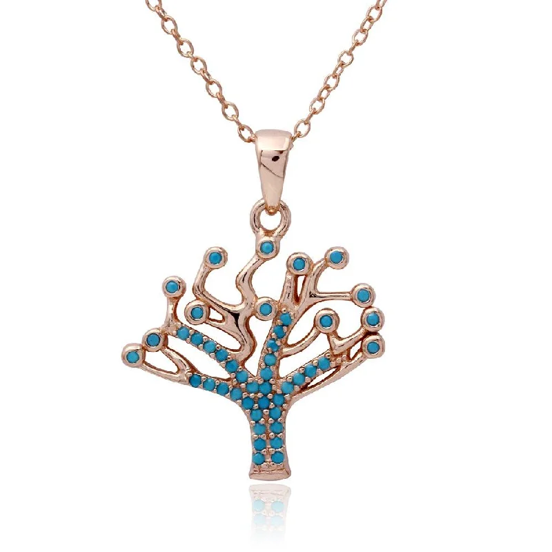 Rose Gold Plated 925 Sterling Silver Turquoise Stones Tree Necklace - STP01549