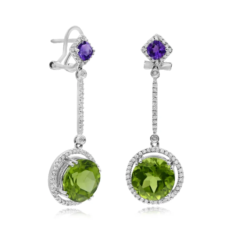 0.40ct Diamond, 8.56ct Peridot and 0.55ct Purple Amethyst Stud Earrings set in 14KT White Gold /ESC7061