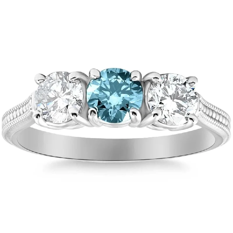 1 1/2Ct Blue Diamond 3-Stone Accent Engagement Ring in Gold Lab Grown