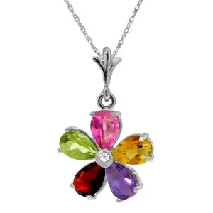 2.22 Carat 14K Solid White Gold Necklace Natural Multi Gemstones Diamond