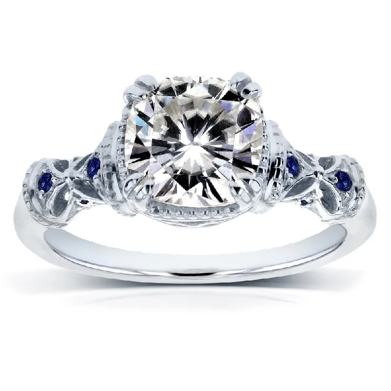 Annello by Kobelli 14k White Gold 1-3/4ct TGW Antique Cushion-cut Moissanite Engagement Ring with Blue Sapphire