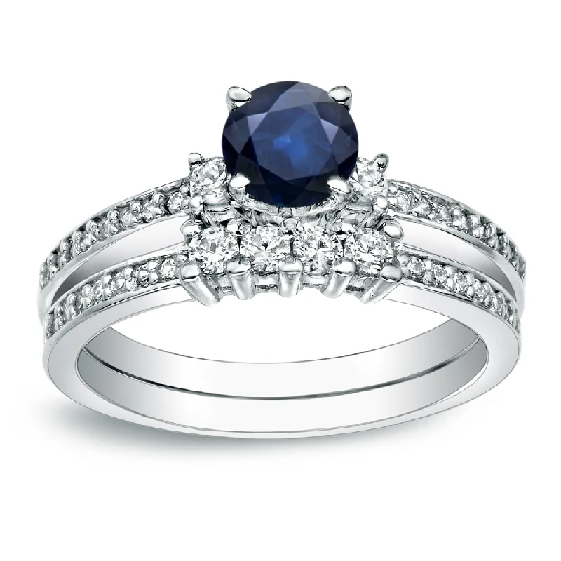 Auriya 1/2ct Blue Sapphire and 1/2ctw 3 Stone Diamond Engagement Ring Set Platinum