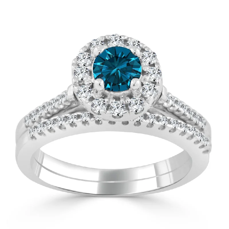 Auriya 3/4ctw Blue Round Halo Diamond Engagement Ring Set 14k Gold