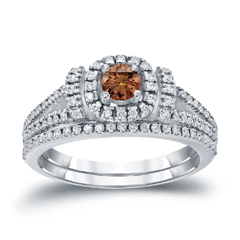 Auriya Modern 3/4ctw Round Halo Brown Diamond Engagement Ring Set 14kt Gold