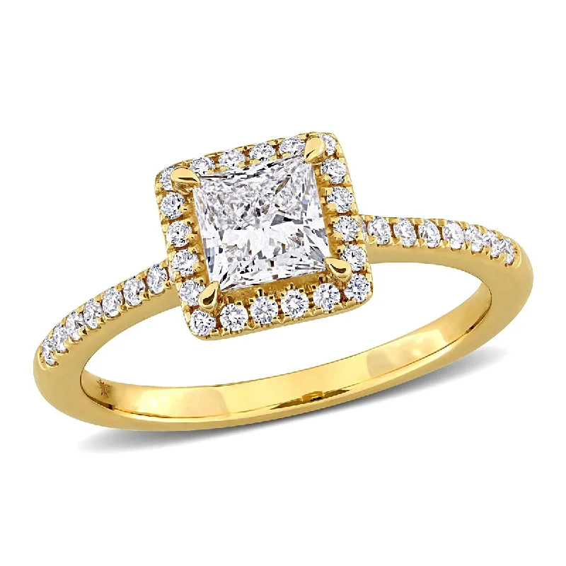 Created Forever 1ct TW Princess Round-Cut Lab-Grown Diamond Halo Engagement Ring in 14k Yellow Gold