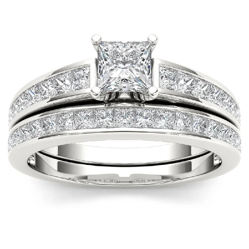 De Couer 14K White Gold 1 1/2ct TDW Princess-Cut Diamond Engagement Ring Set