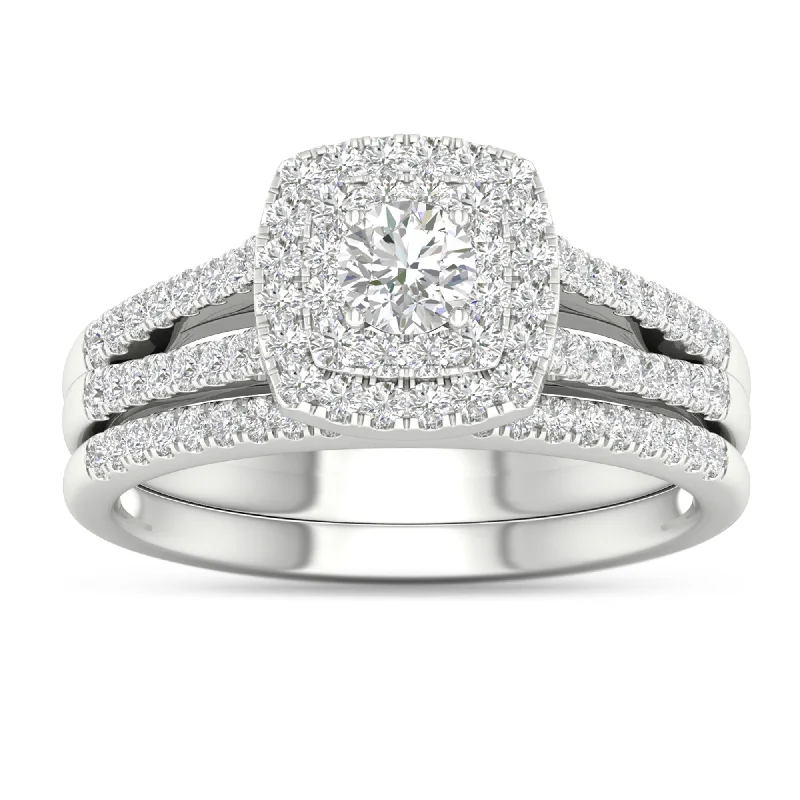 De Couer IGI Certified 10k White Gold 3/4ct TDW Diamond Double Halo Engagement Ring Set