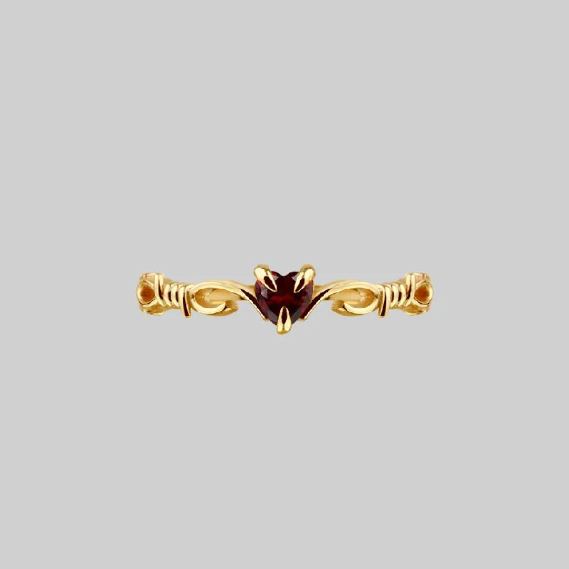 FATAL. Barbed Wire & Garnet Heart Ring - Gold