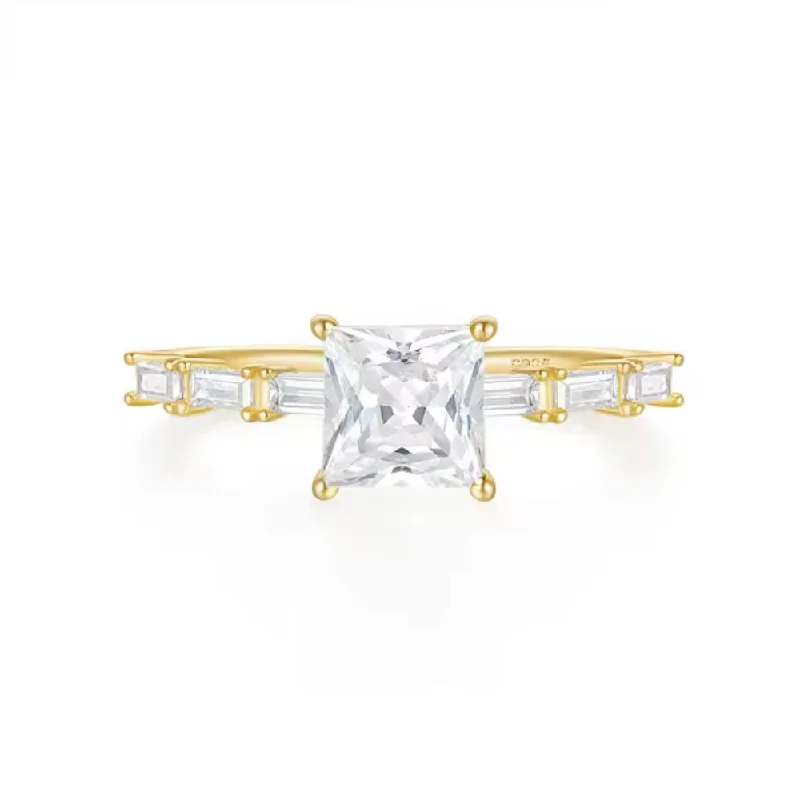 Luxurious 18K Gold Plated Sterling Silver Ring with Princess-Cut AAAAA Cubic Zirconia