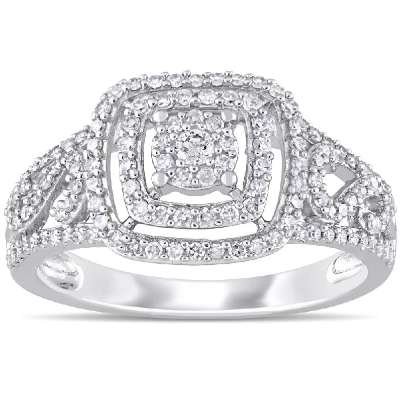 Miadora 10k White Gold 1/2ct TDW Diamond Square Triple Halo Engagement Ring