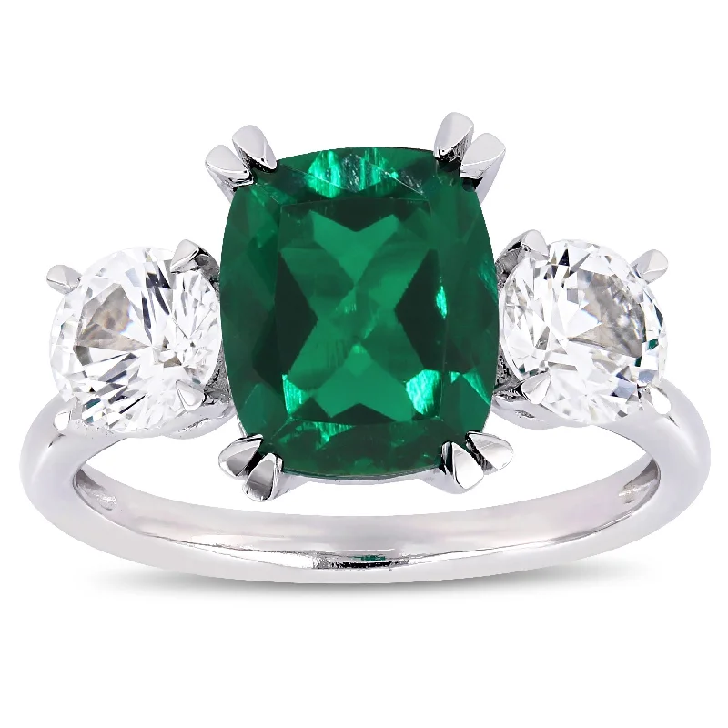 Miadora 10k White Gold Created Emerald and White Sapphire 3-Stone Engagement Ring