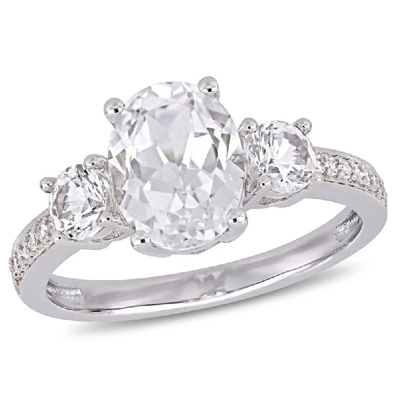 Miadora 10k White Gold Created White Sapphire & Diamond 3-Stone Engagement Ring